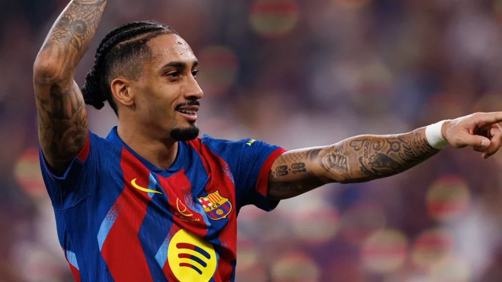 raphinha seen celebrating after scoring goal during spanish supercup final