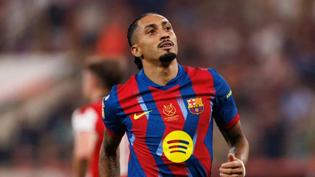 raphinha seen celebrating after scoring goal during spanish supercup semifinal
