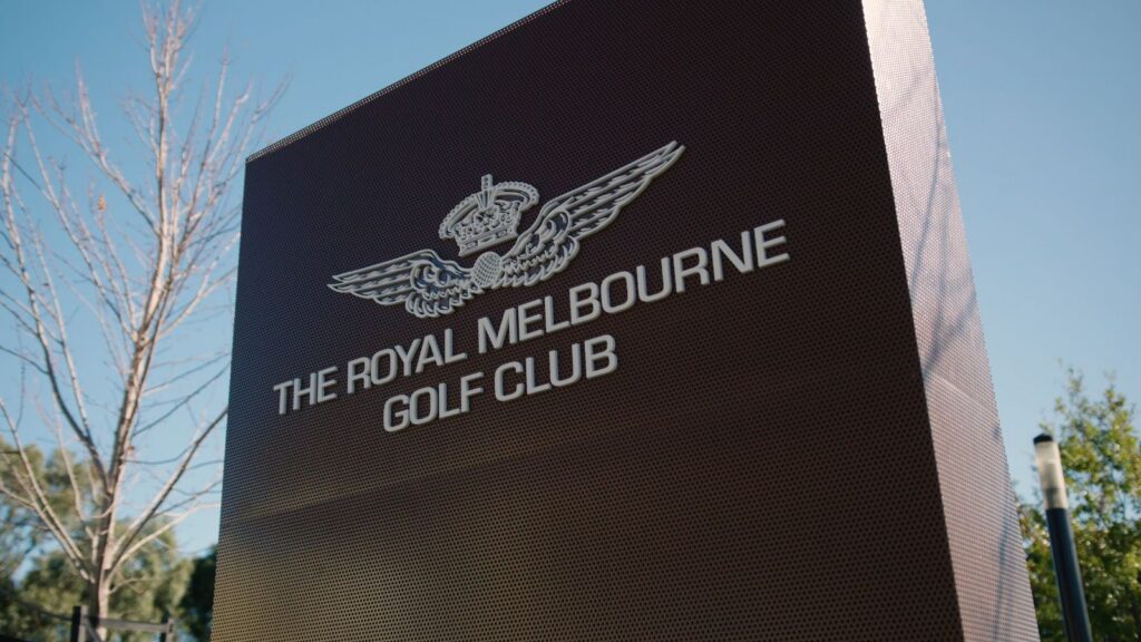 The entrance sign for The Royal Melbourne Golf Club located in Black Rock, Victoria, Australia.