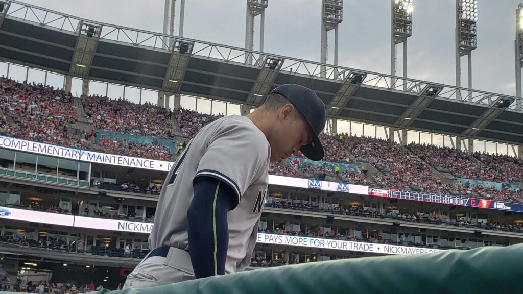 New York Yankees outfielder Giancarlo Stanton walks onto the field for the start of a game against the Cleveland Indians at Progessive Field