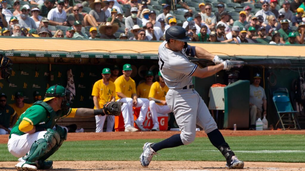 New York Yankees' Giancarlo Stanton bats against the Oakland Atheltics
