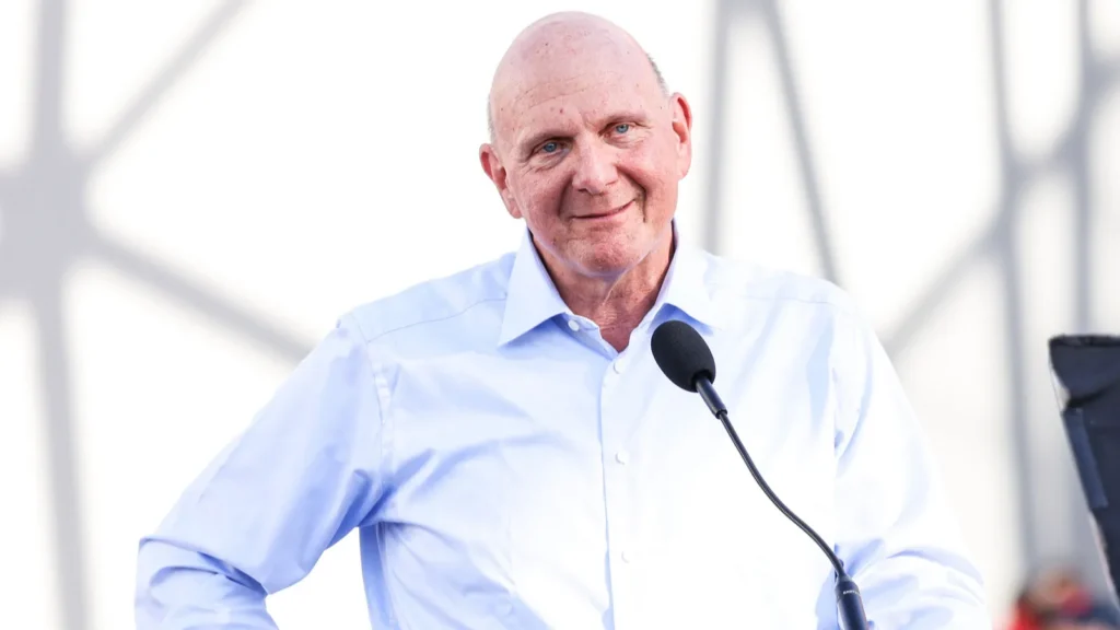 Steve Ballmer speaks onstage at the Intuit Dome grand opening.