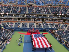 US Marine Corps unfurling American flag during the opening ceremony of U.S. Open.