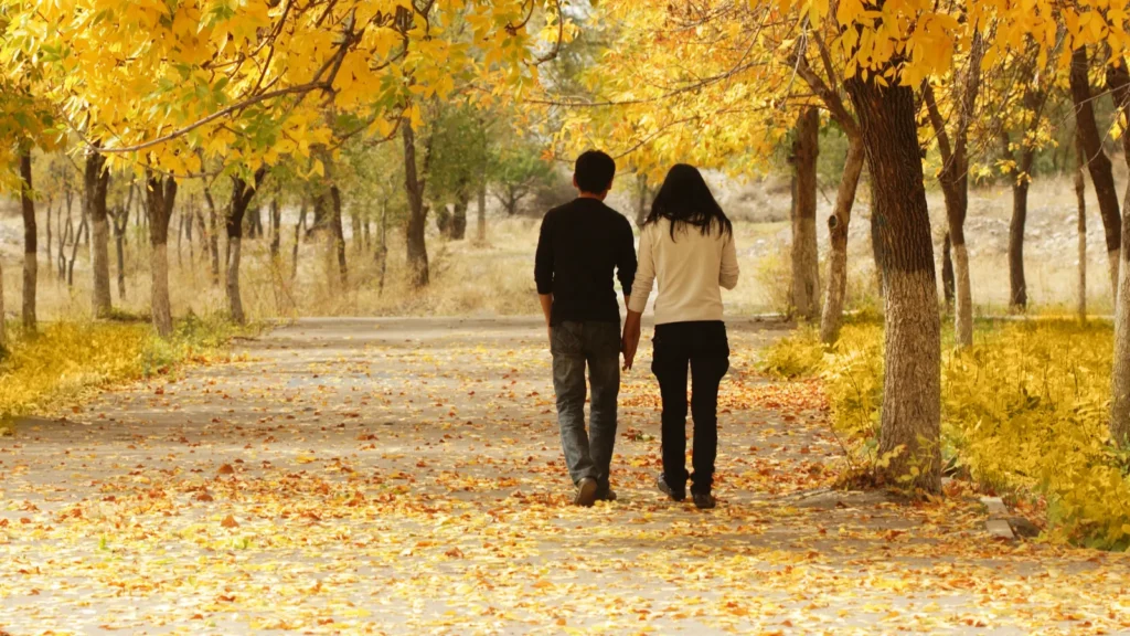 young couple walking together in autumn