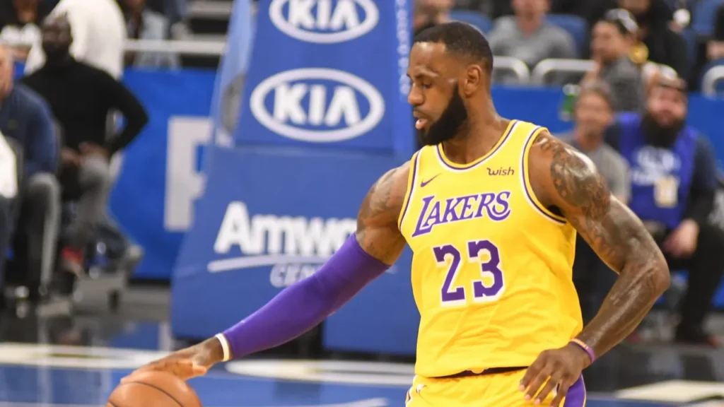LeBron James dribbling the basketball during a game.