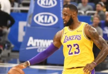 LeBron James dribbling the basketball during a game.