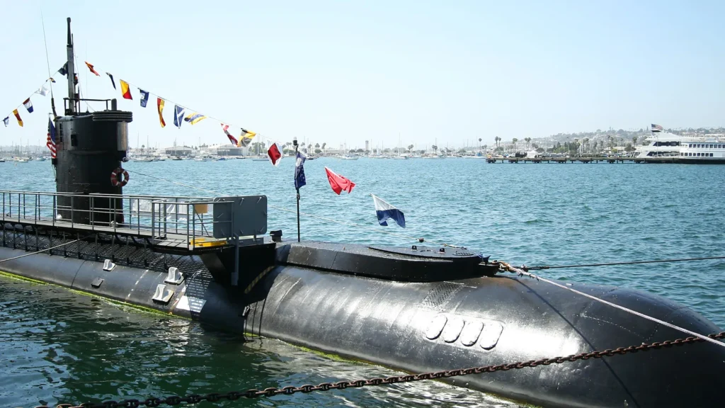 Submarine docked at a harbor
