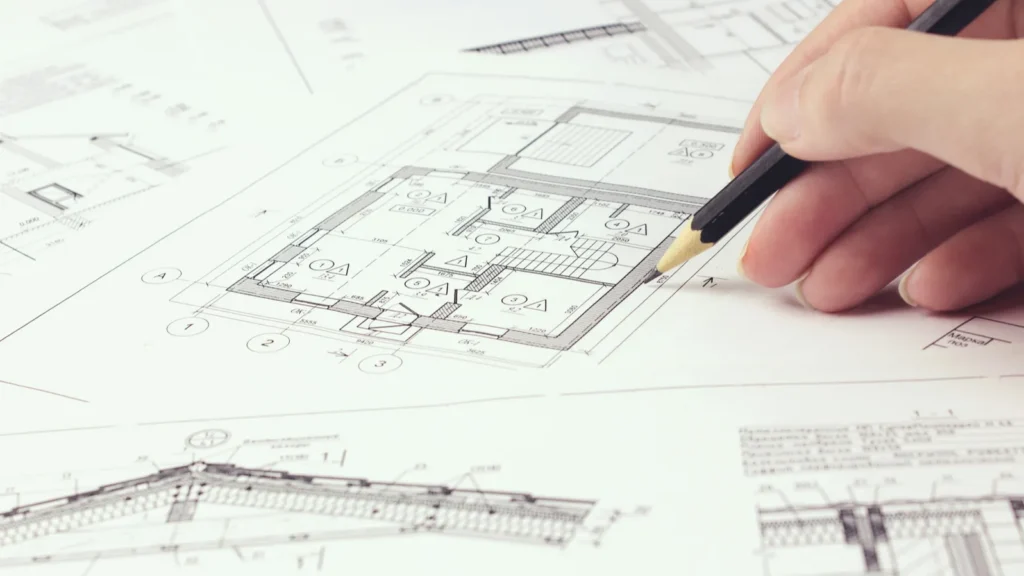 an architect engineer creates a working drawing sketch for building