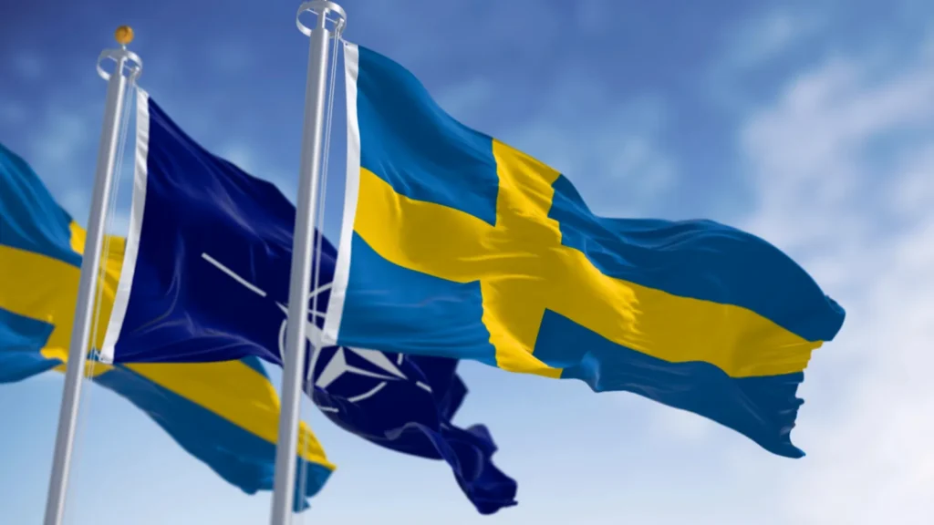 Swedish flags flying in Brussels, Belgium