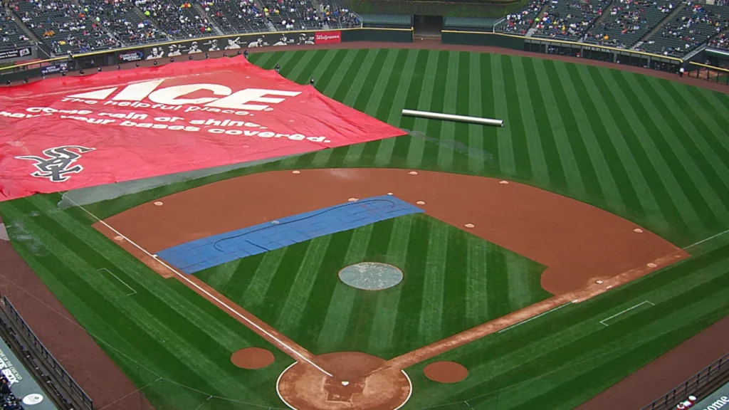 Infield grass of a baseball field, featuring a Chicago White Sox logo