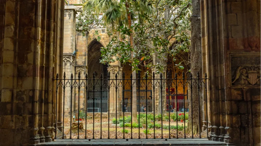 gothic stone archway frames a green courtyard garden with magnolia