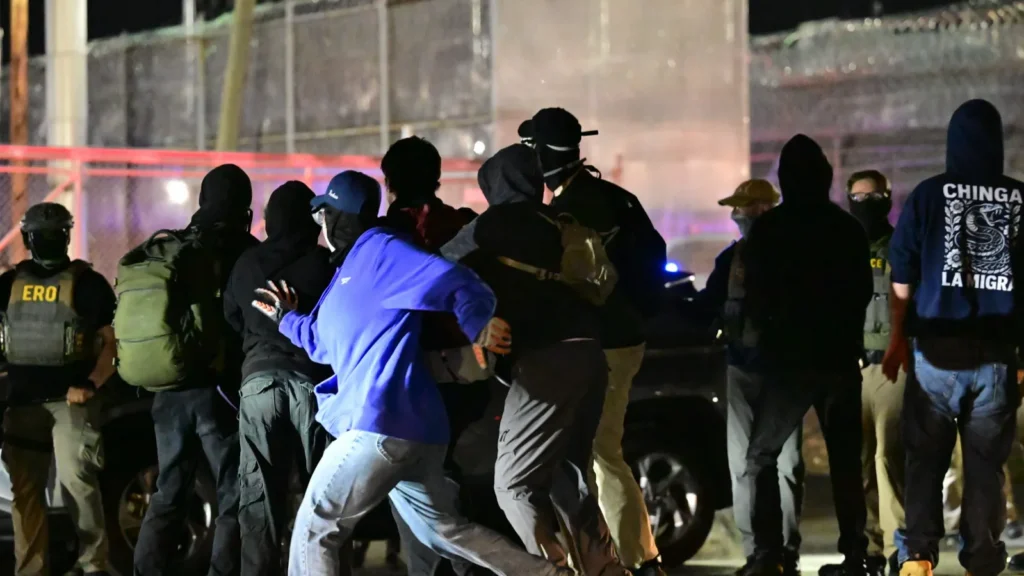 May 26, 2026 – Newark, New Jersey: Several protesters demonstrate and stand off with federal Immigration and Customs Enforcement (ICE) agents outside the Delaney Hall immigration detention center.