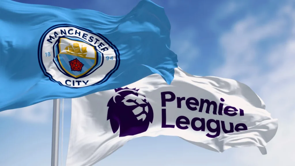 Manchester City football club flag displayed in Manchester, England