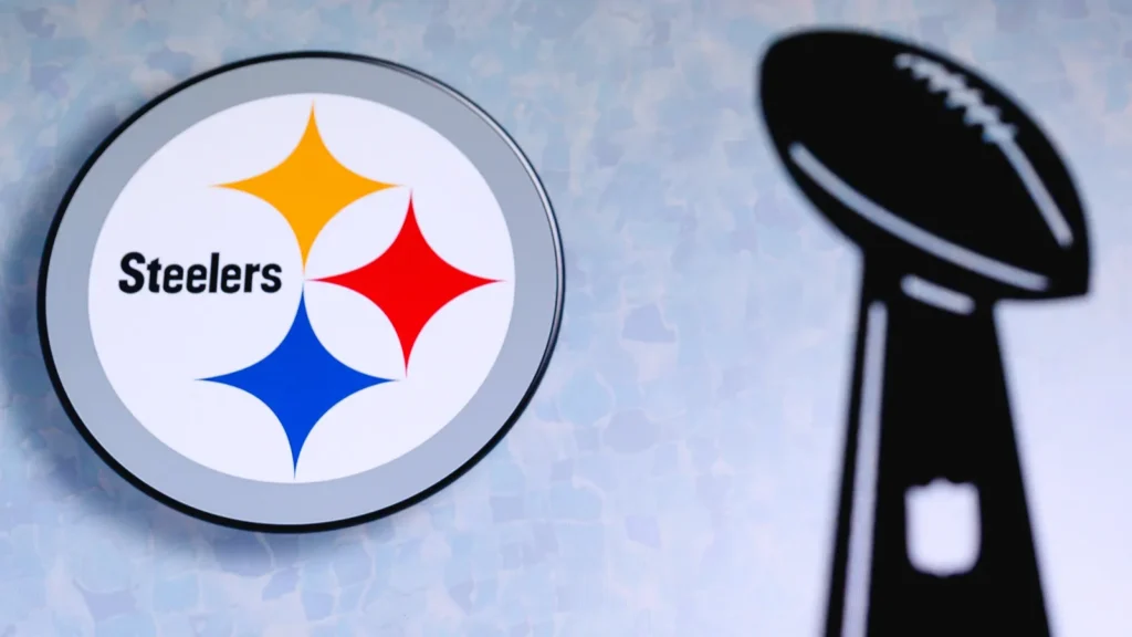 The Pittsburgh Steelers logo displayed next to a black silhouette of the Vince Lombardi Super Bowl trophy.