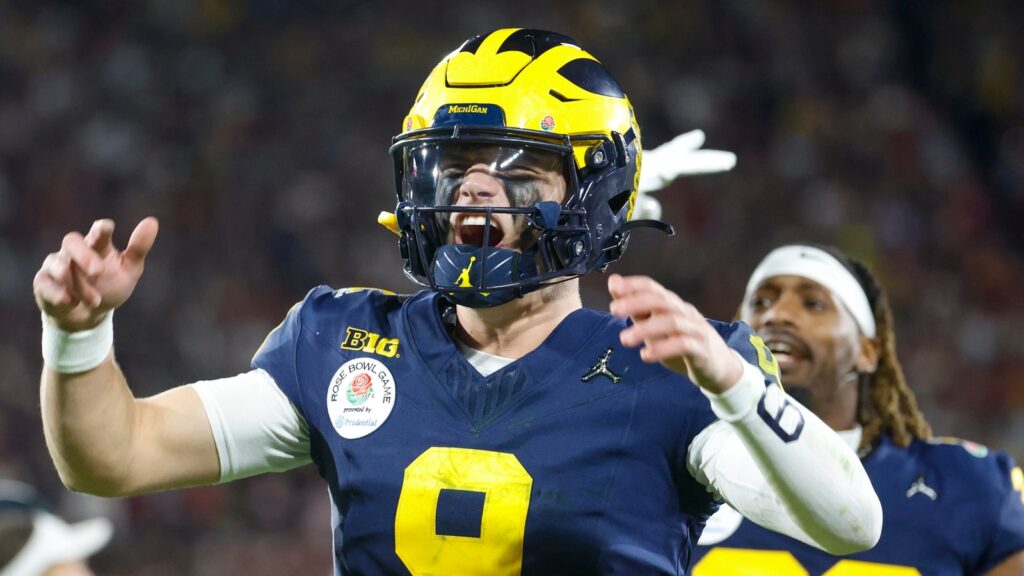 J.J. McCarthy celebrating