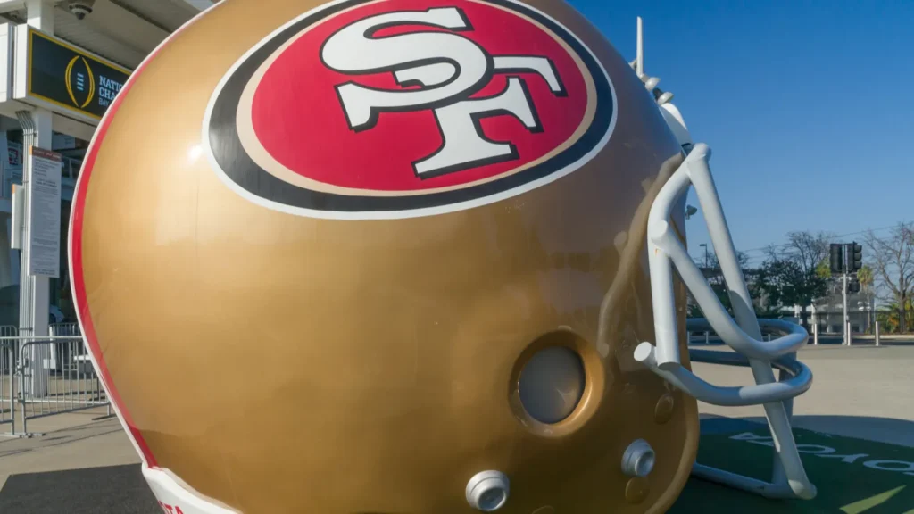 A large decorative sculpture of a San Francisco 49ers football helmet located outside Levi's Stadium